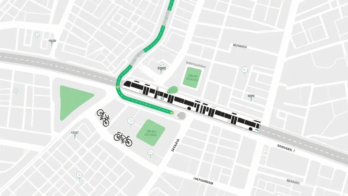 低碳观赛动线示意：BRT站点、共享单车与步行街区的组合