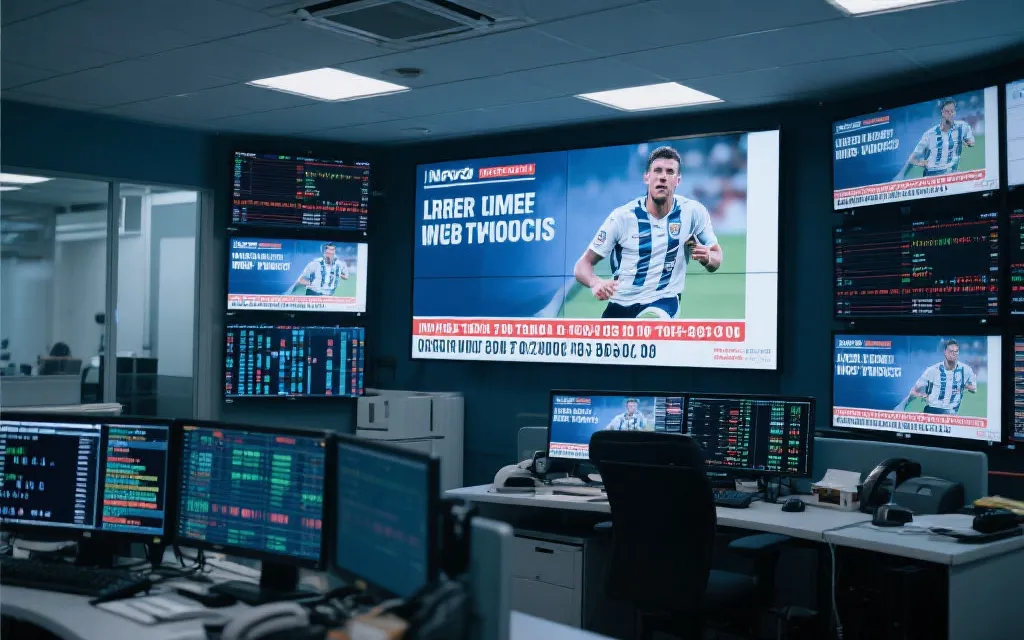 新闻编辑室里屏幕滚动热搜与赛前海报，信息嘈杂的视觉隐喻